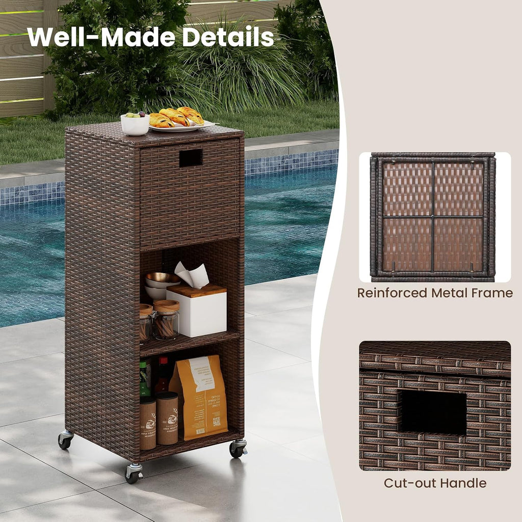 tangkula rattan outdoor storage cabinet with 4 wheels, view 9