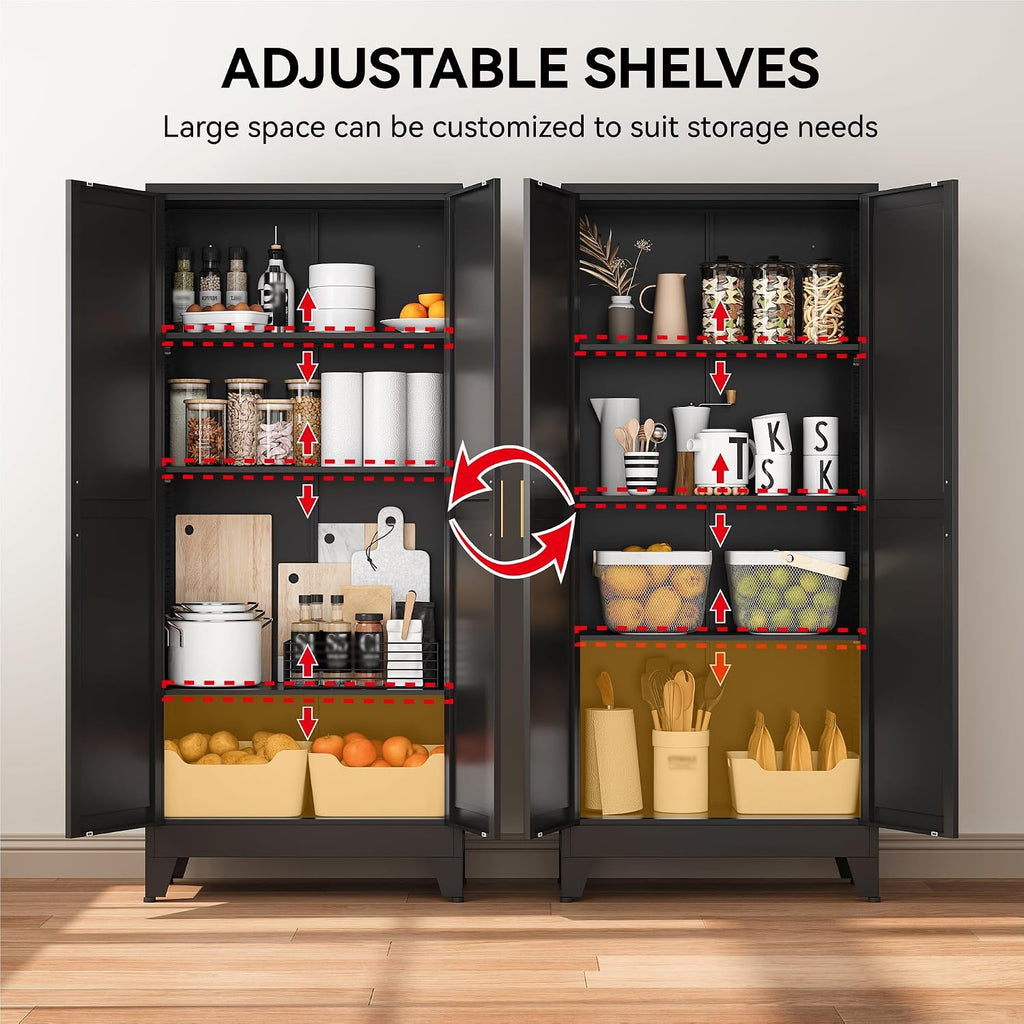 cofar 61" metal pantry cabinet in black, modern showing dimensions