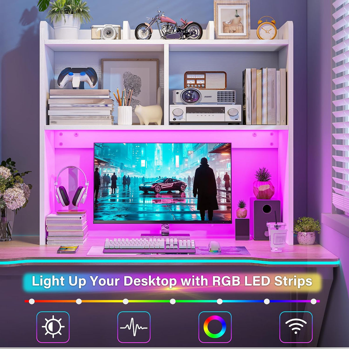 REIBII 3-Tier Desk Hutch with LED Light,6-Shelf Desktop Organizer,White