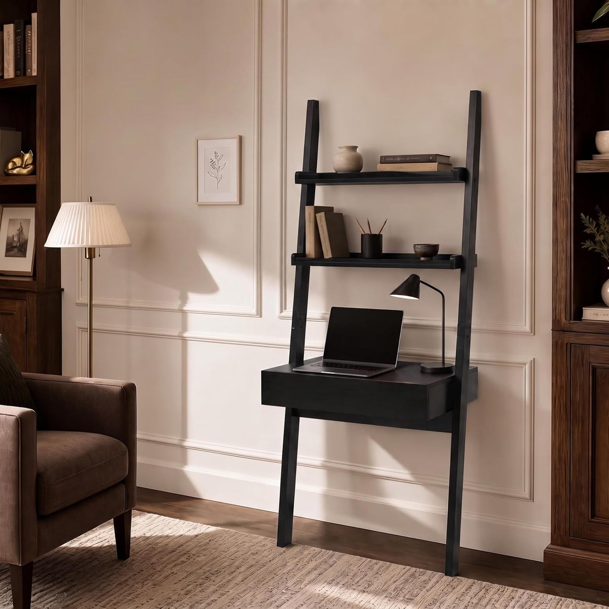 Home Office Desk with Ladder Shelf & Drawer, Computer Writing Desk with S...