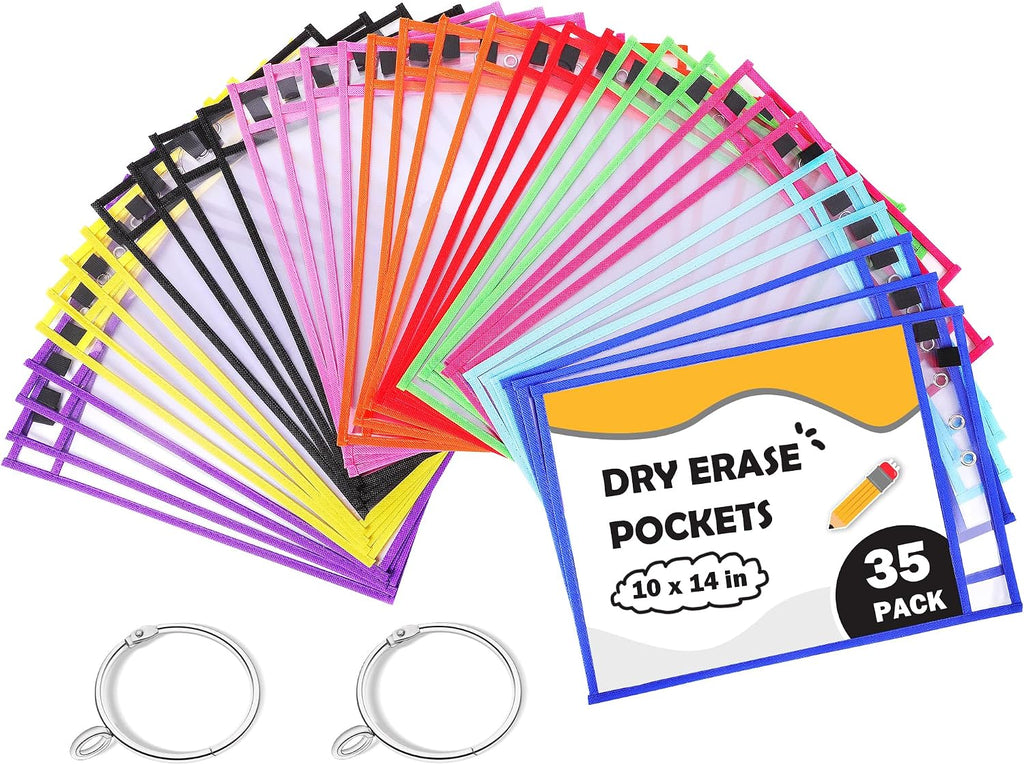 Puroma 35 Pack Dry-Erase Pockets Reusable Plastic Sleeves Assorted Colors Waterproof Pocket with 2 Rings for Classroom, School, Office, Home - Colorful