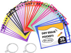 Puroma 35 Pack Dry-Erase Pockets Reusable Plastic Sleeves Assorted Colors Waterproof Pocket with 2 Rings for Classroom, School, Office, Home - Colorful