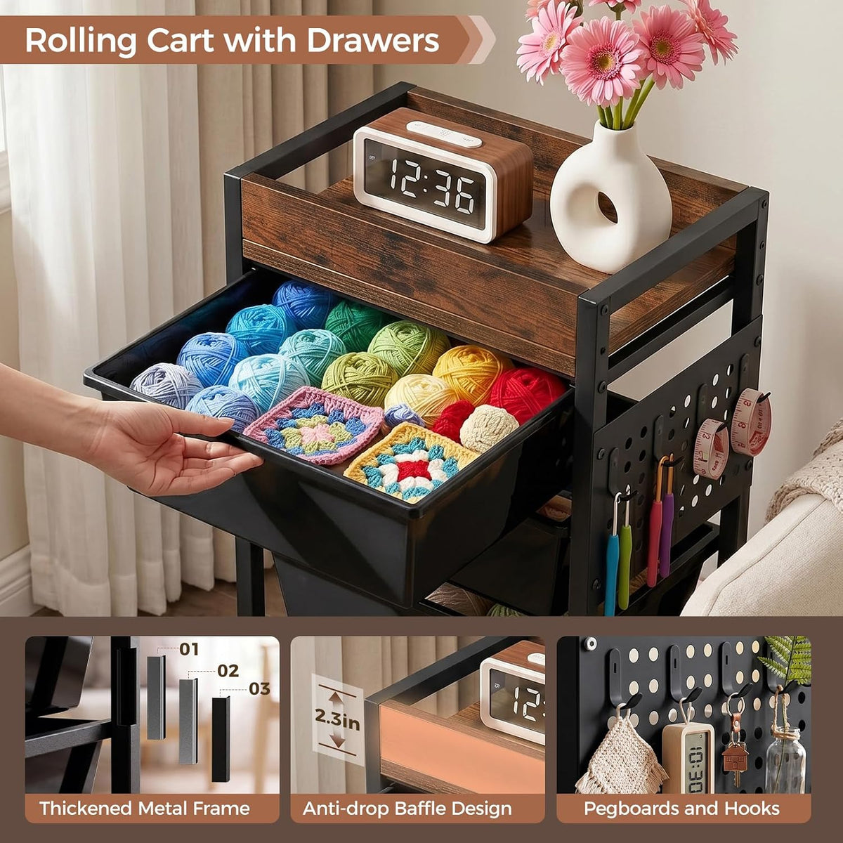 6 Tier Rolling Cart with Drawers, Plastic Drawer Storage Craft Cart with Pegb...