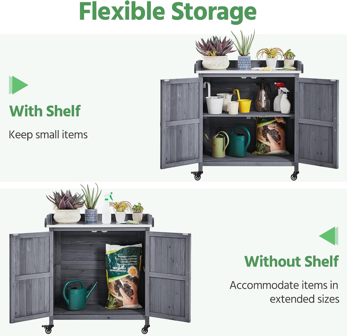 Yaheetech Rolling Potting Bench Outdoor Storage Cabinet, Metal Top, Gray