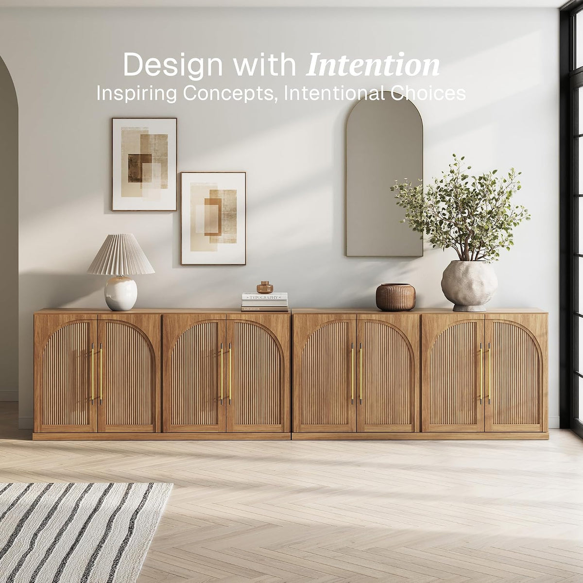 BELLEZE Set of 2 65" Sideboard Cabinet with Double-Arc Wood Doors, Large...