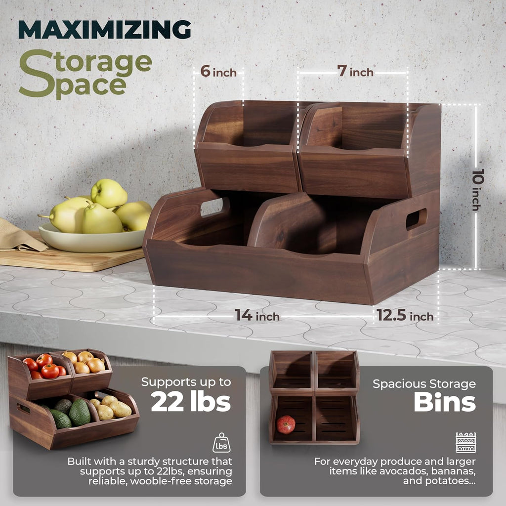 acacia wood pantry storage bins - stackable open, close-up detail