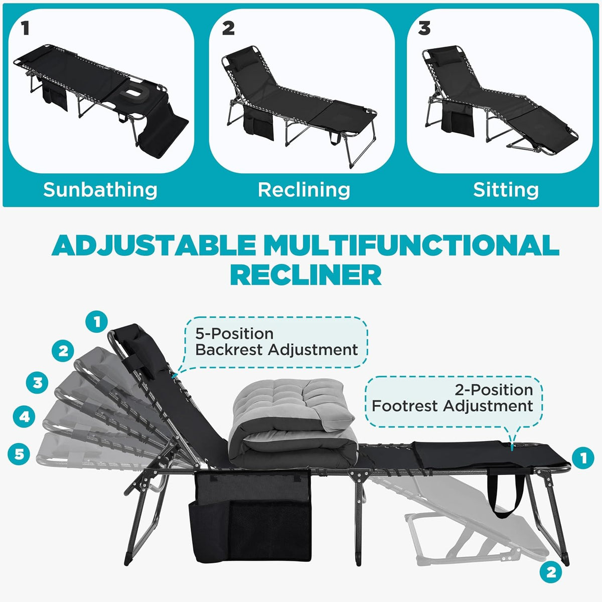 Yaheetech Outdoor Tanning Chair with Face Hole & Removable Cushion Black