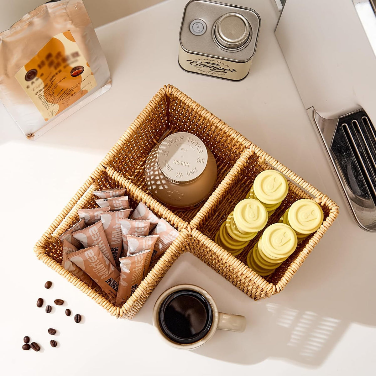 Berdeng 3-Compartment Silverware Caddy, Faux Rattan Utensil Holder with 2 Han...