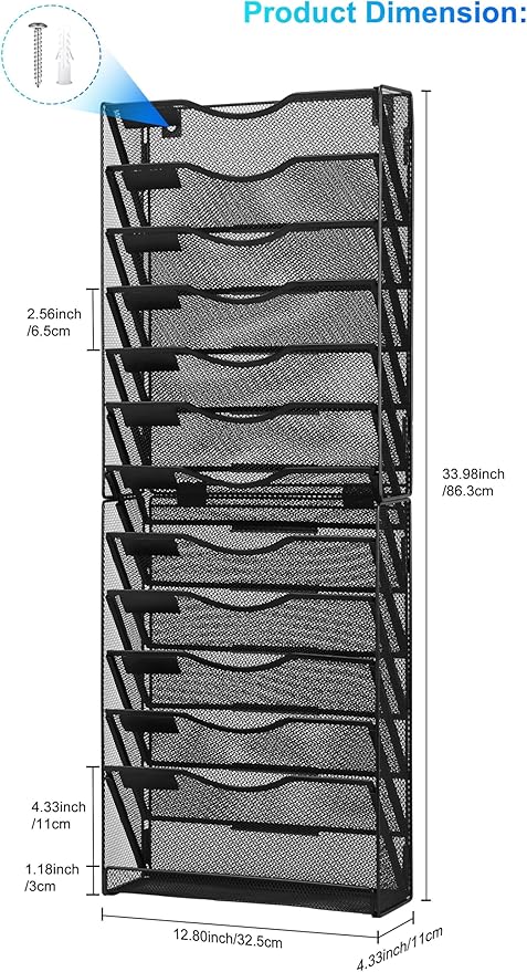 Solinxe 12-Tier Wall File Organizer, Mesh Mail Organizer Wall Mounted Paper - Image 4