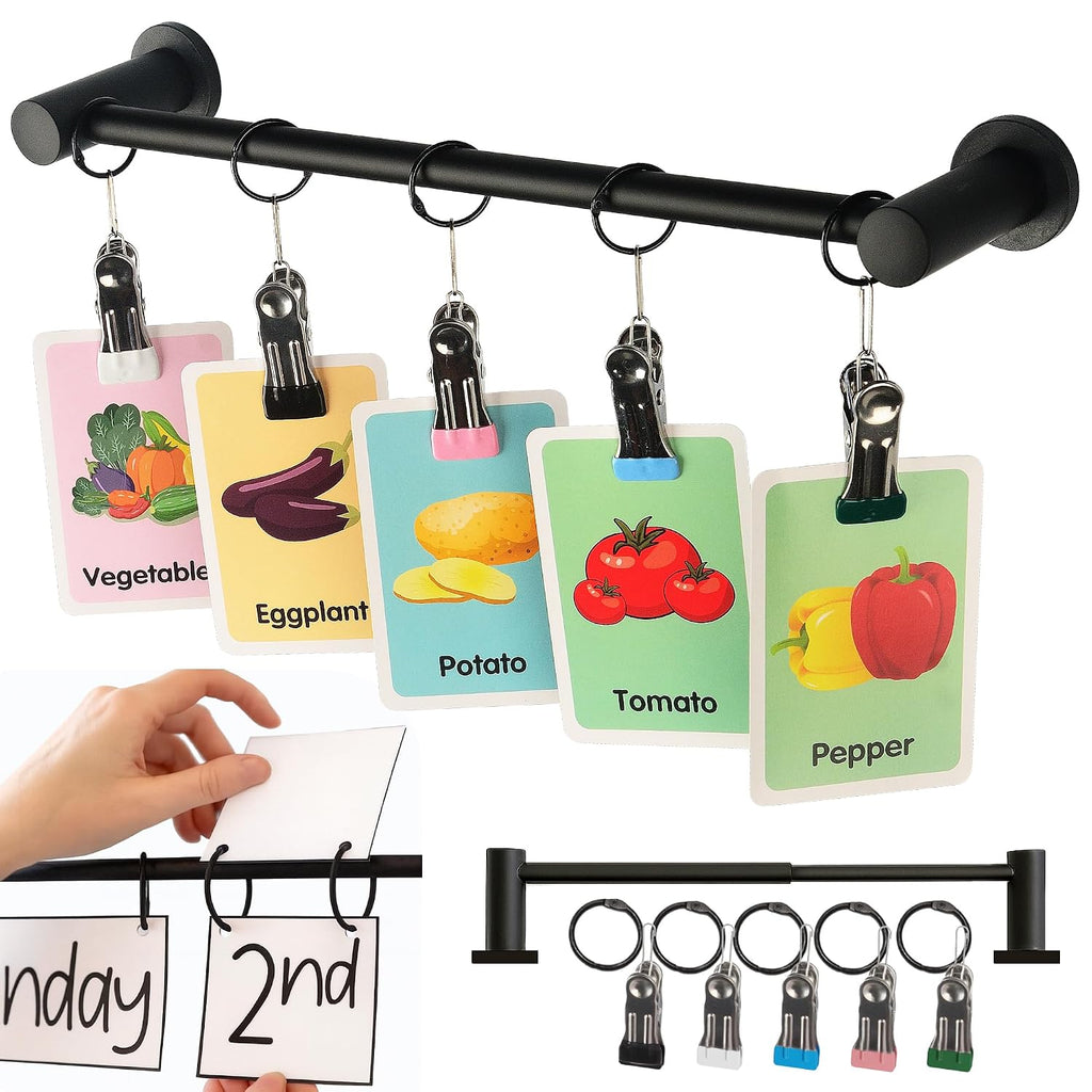 ULIBERMAGNET Magnetic Classroom Whiteboard Bar, Flip Calendar Holder with 5 Hanging Rings & 5 Clips, Magnetic Adjustable Length Anchor Chart Rack for Whiteboard, Office, Classroom, Lesson Plans