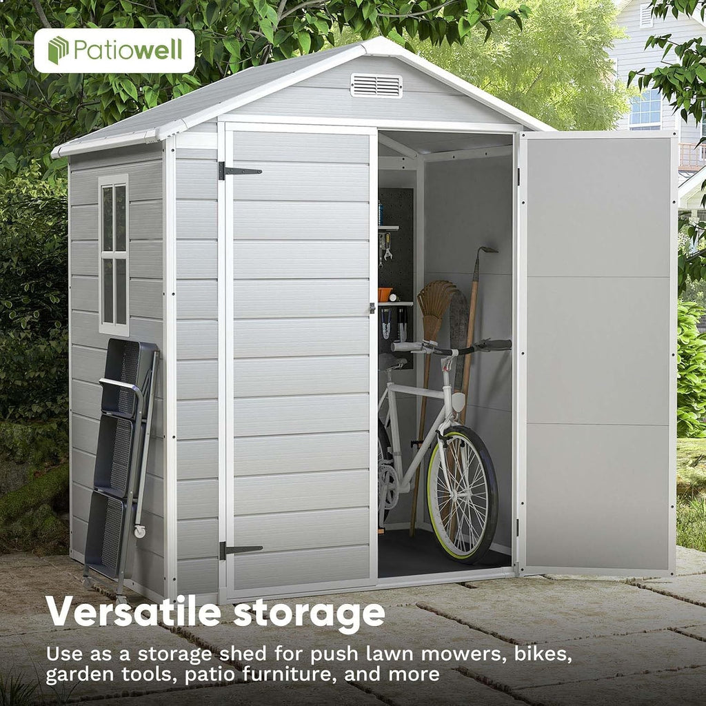 patiowell 6x4 ft resin outdoor storage shed with on a desk or shelf