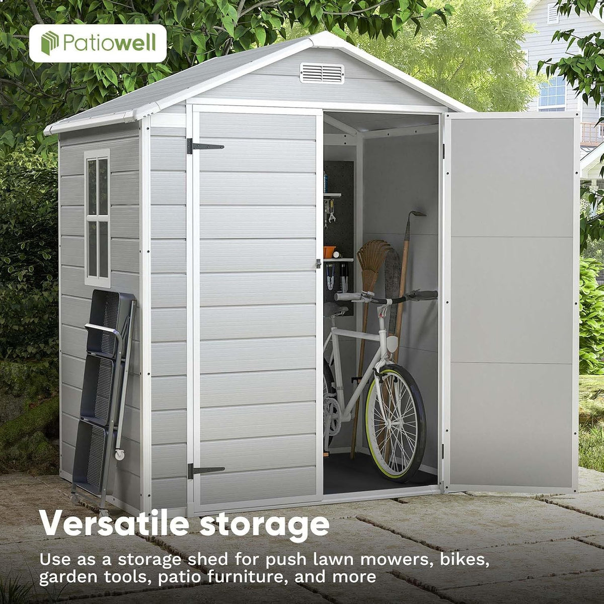 patiowell 6x4 ft resin outdoor storage shed with on a desk or shelf
