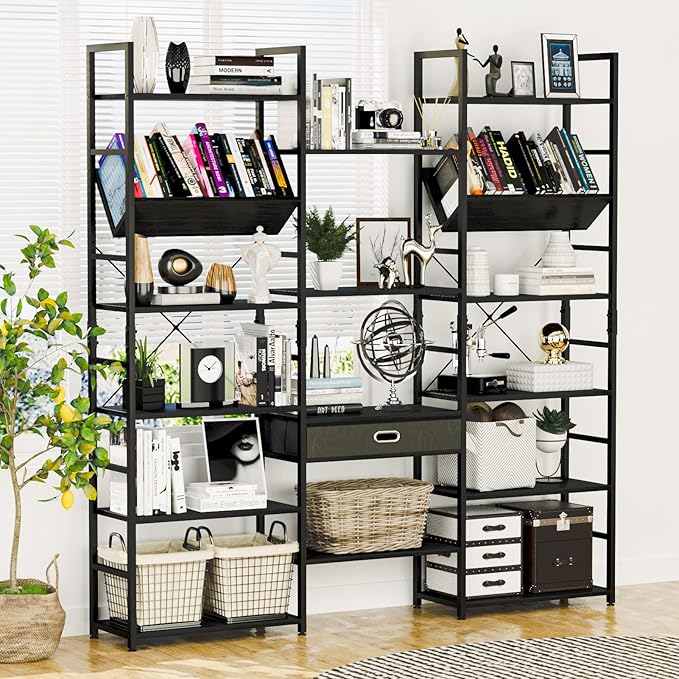 NUMENN Triple Wide 6 Tier Bookshelf, Adjustable Rustic Industrial Style Book - Image 2