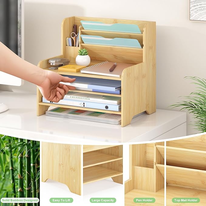 Wisuce Essentials Bamboo Desk Organizer Mail Holder Countertop Letter Tray File - Image 7