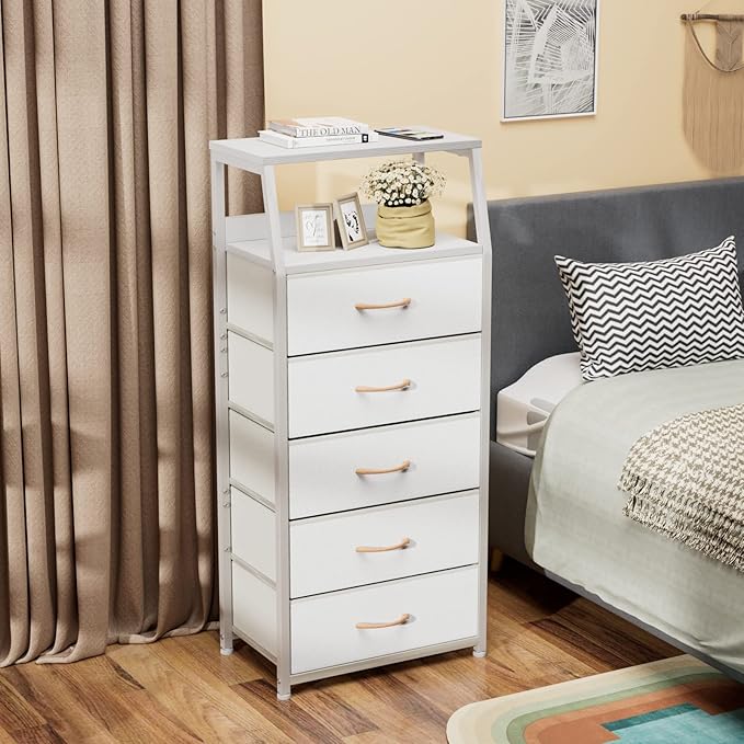Furnulem White Dresser with 5 Drawers, Vertical Storage Tower Fabric Dresser - Image 2