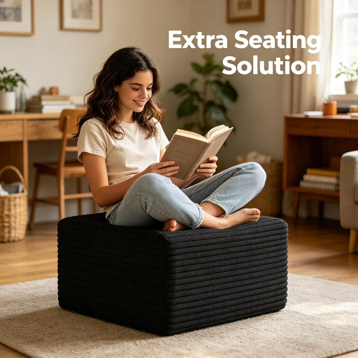 25.6" boneless ottoman for couch, plush corduroy foot, side view