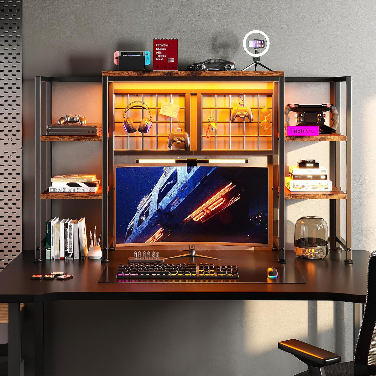 REIBII 5-Tier Desk Shelf with LED for Home Office Dorm, Rustic Brown