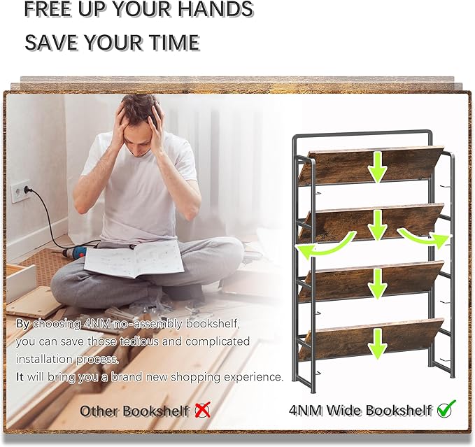 4NM No Assembly Extra Wide 4 Tiers Folding Bookshelf Storage Shelves Vintage - Image 7
