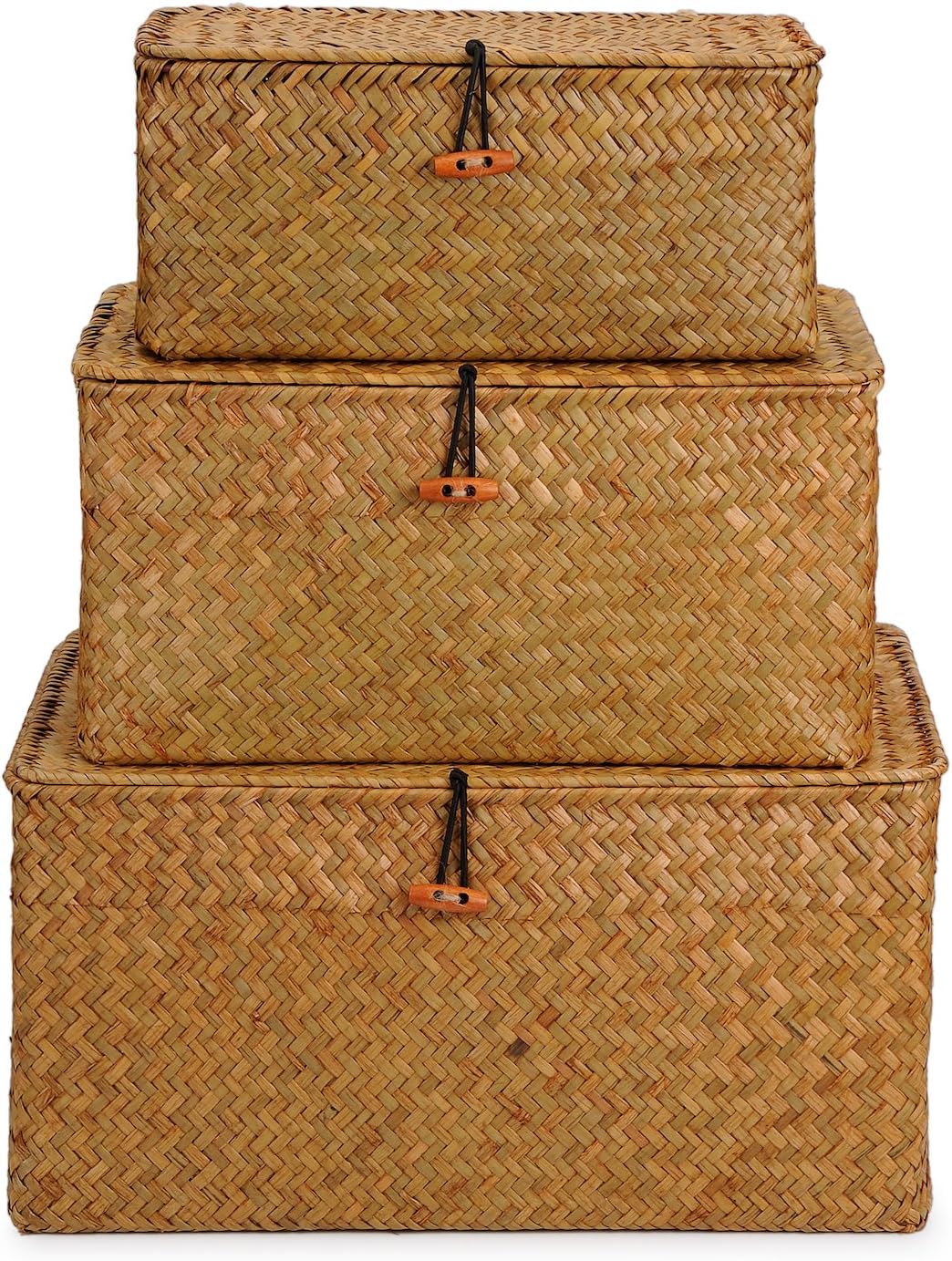 Woven Wicker Storage Bins with Lid, Seagrass Basket for Shelf Organizer, Extr...