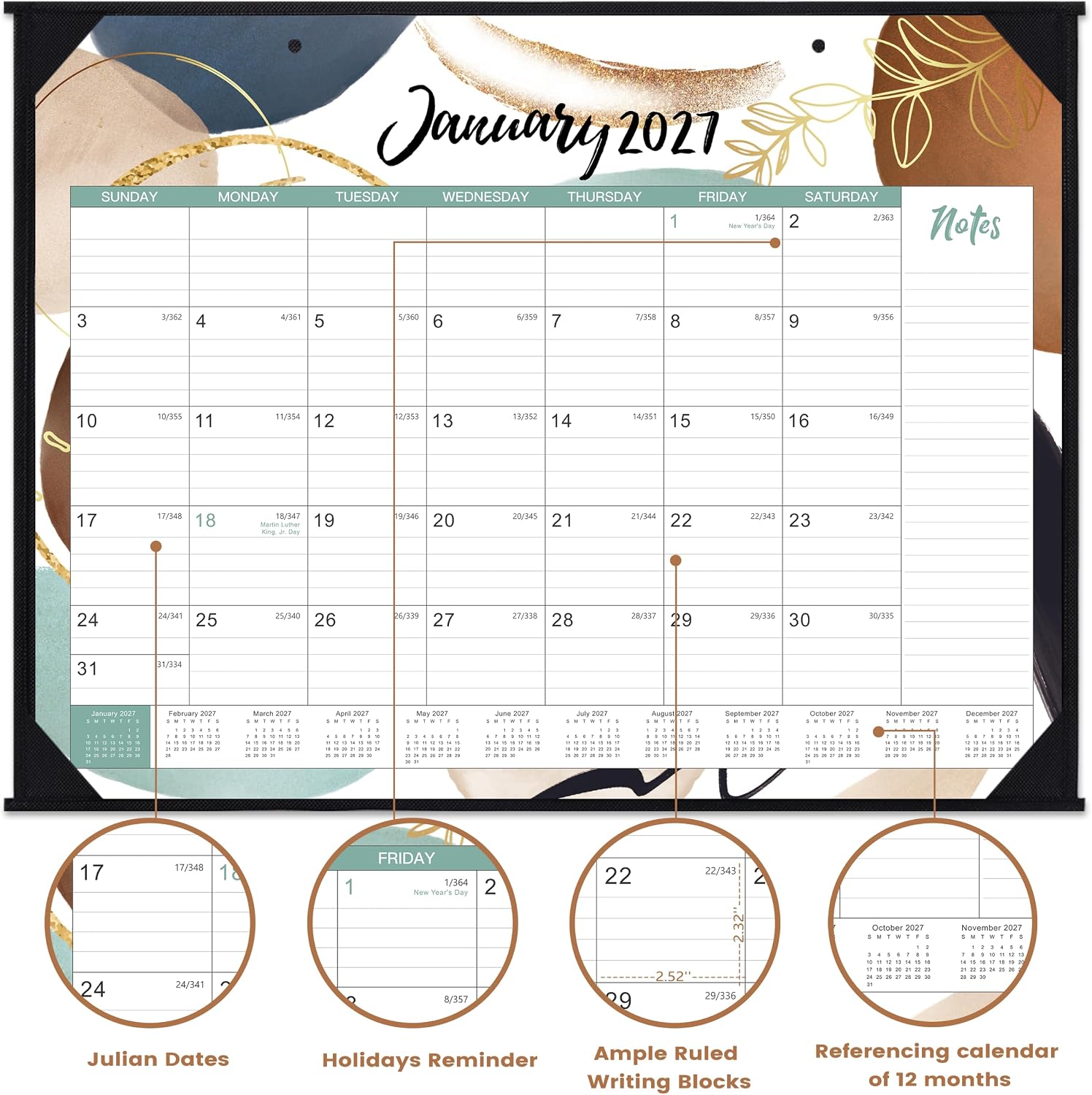 2027 Desk Calendar - Desk Calendar 2027 Large 22x17, Jan. 2027 - Dec. 2027 | Large 2027 Desktop Calendar 22'' x 17'', Corner Protectors,Large Ruled Blocks, Notes Section, for Home, Office Use