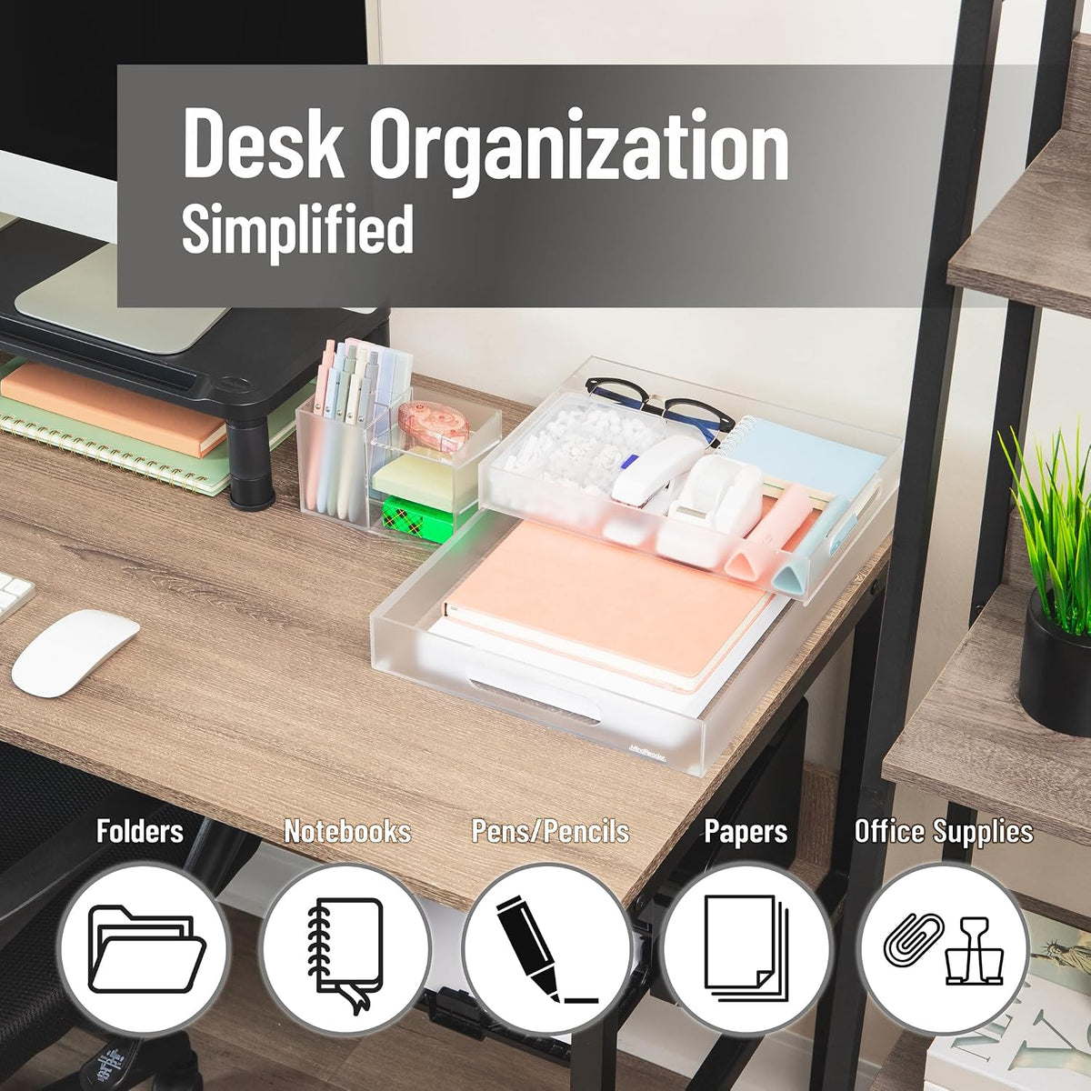 Mind Reader 3-Piece Acrylic Desktop Organizer Set, Frosted Clear Paper Tray, ...