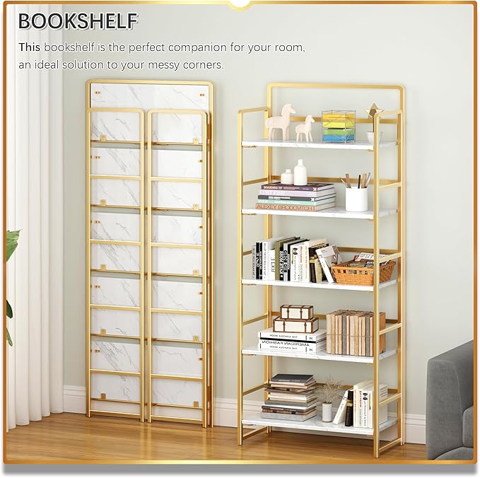 4NM No Assembly 5 Tiers Folding Bookshelf Storage Shelves Vintage Bookcase - Image 3