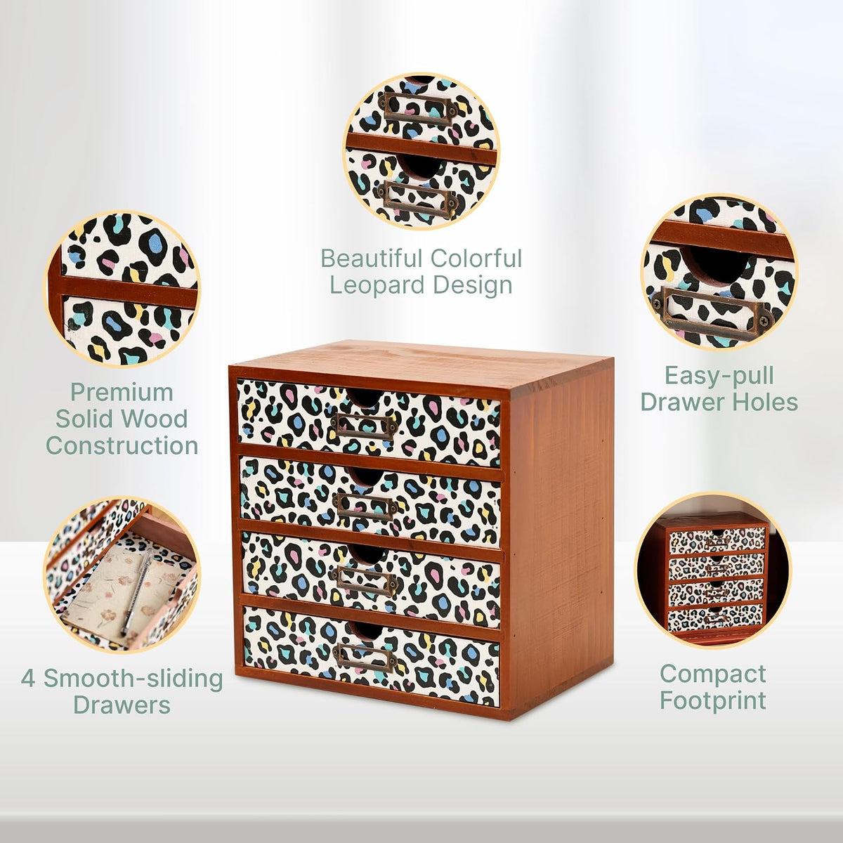Colorful Leopard Print Wooden Desk Organizer - 4-Drawer Desktop Storage Cabin...