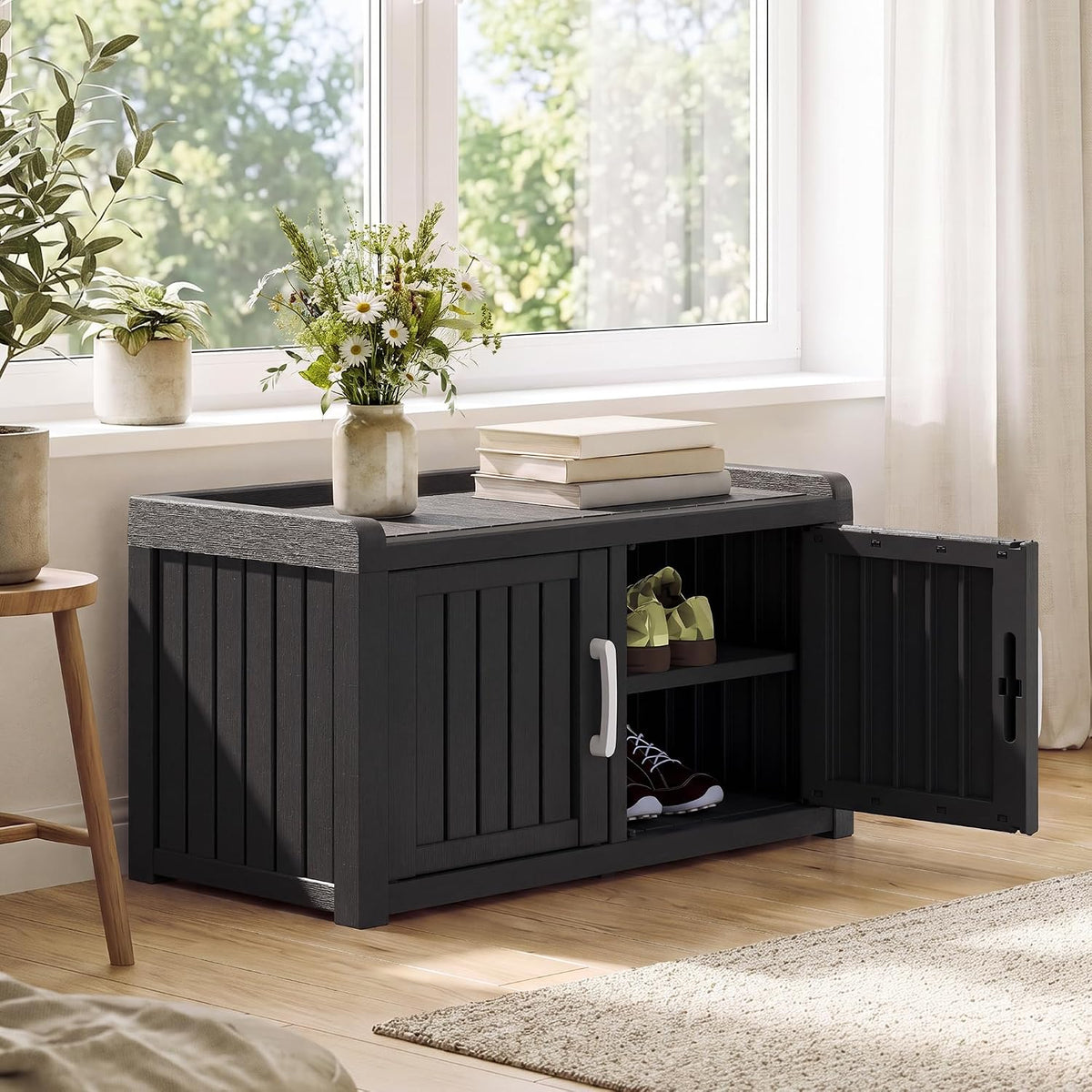 2-Tier Storage Bench, Waterproof UV-Resistant Outdoor Shoe Storage Cabinet wi...