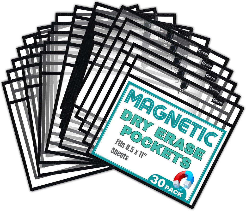 Magnetic Dry Erase Pockets by Two Point (30-Pack) - Landscape - Black Dry Erase Pocket Sleeves, Job Shop Ticket Holders, Clear Paper Sleeves Protector, Magnetic Pouch