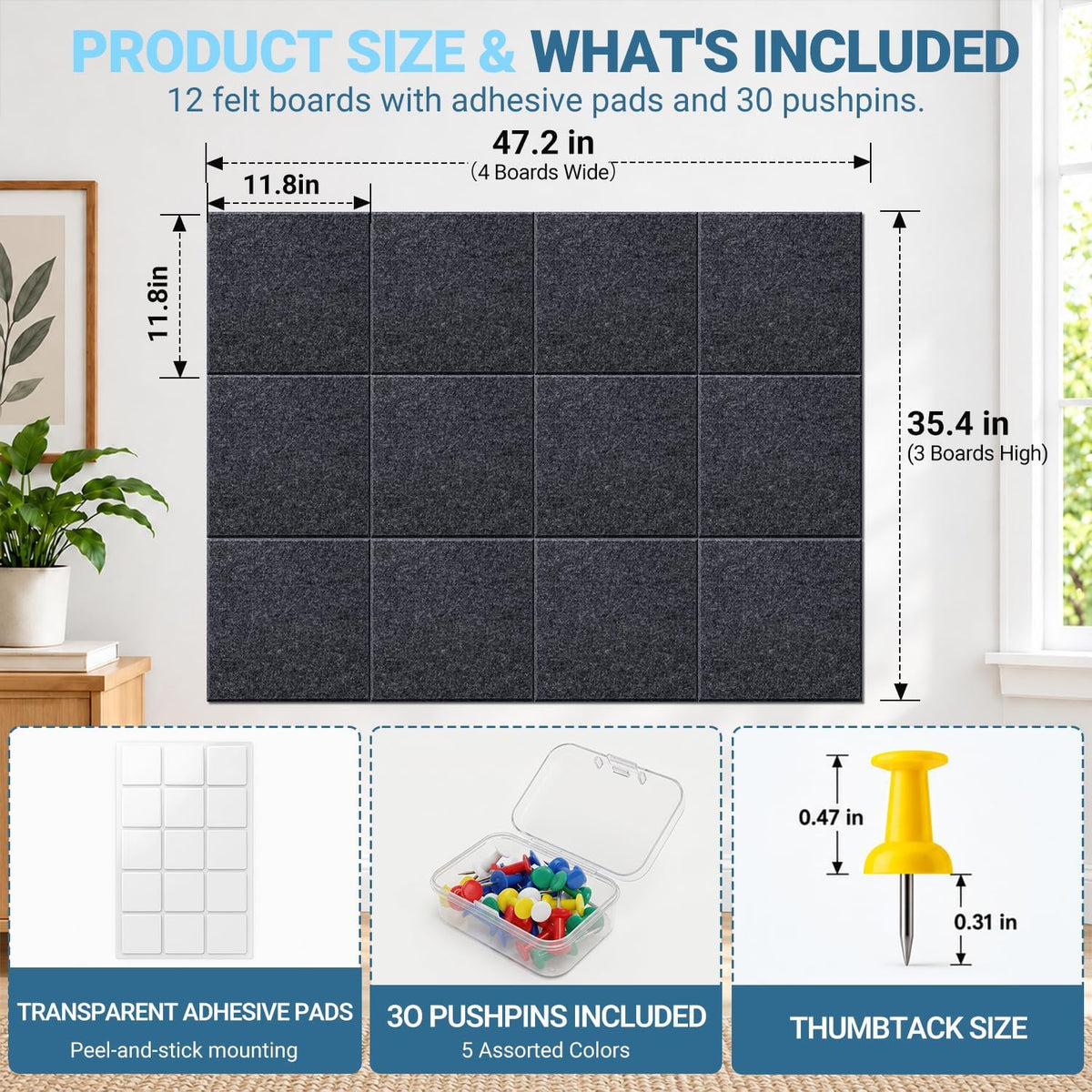 Hiksuky EcoCork Pro 48"x36" Modular Felt Wall Panels - 12 Pack Recy...