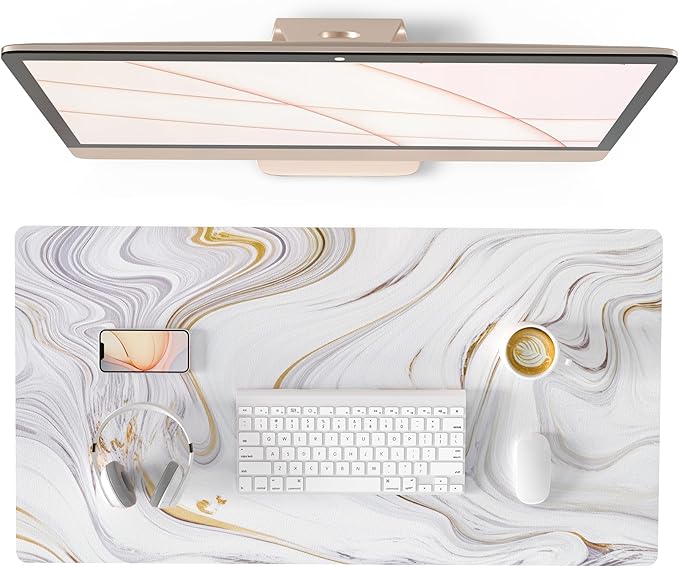 QIYI White Mouse Pad, Cute Marble Large Desk Mat, PU Leather Desk Protector by QIYI