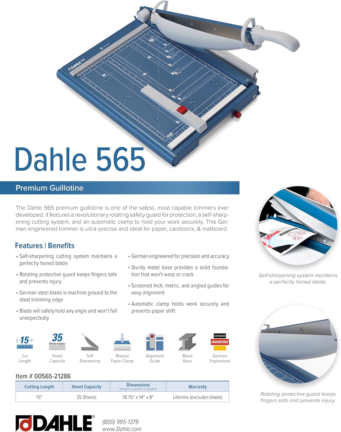 Dahle 565 Premium Guillotine Trimmer, 15" Cut Length, 35 Sheet Capacity,...