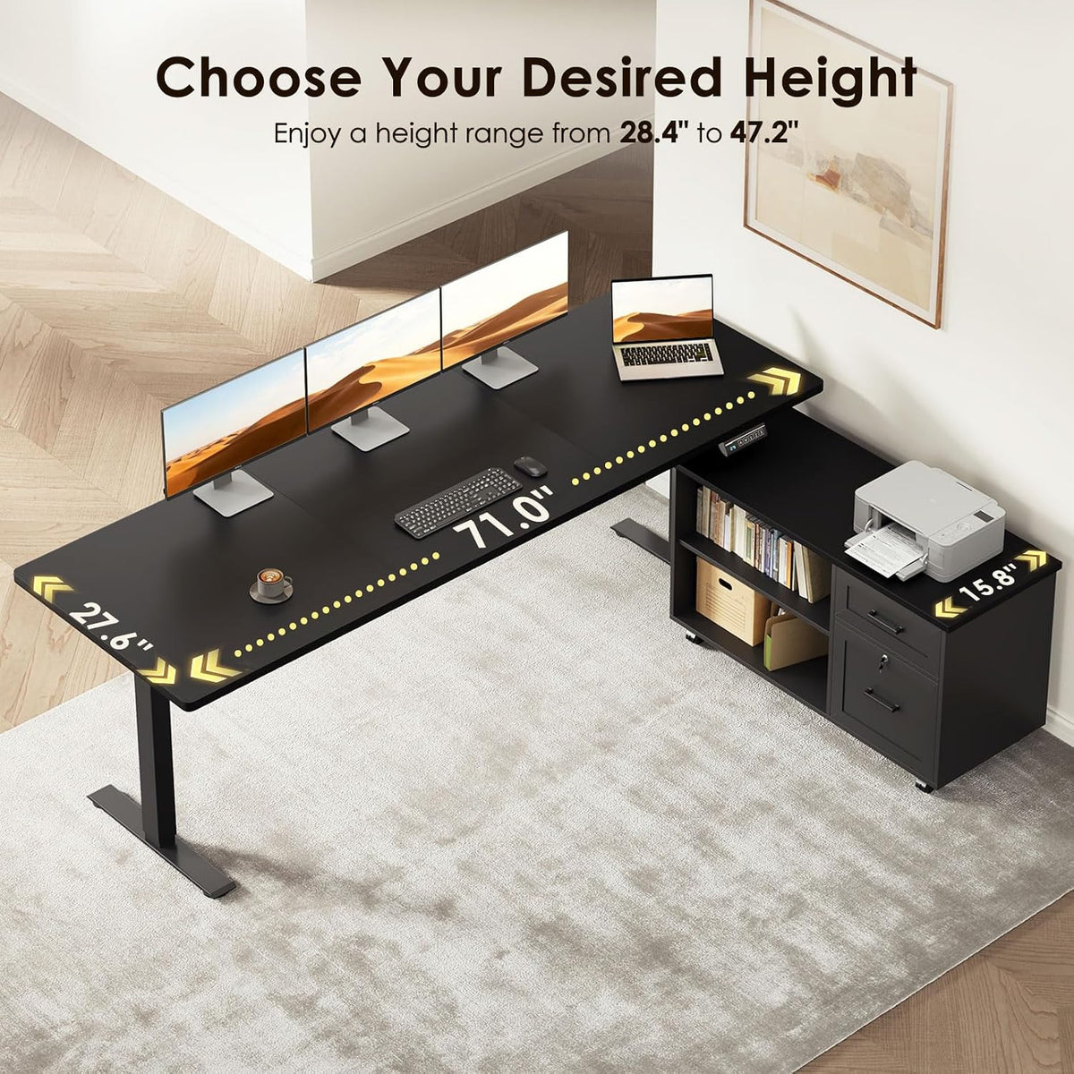 OffiGo 71 Inch L Shaped Electric Standing Desk with Cabinet Sets, Black