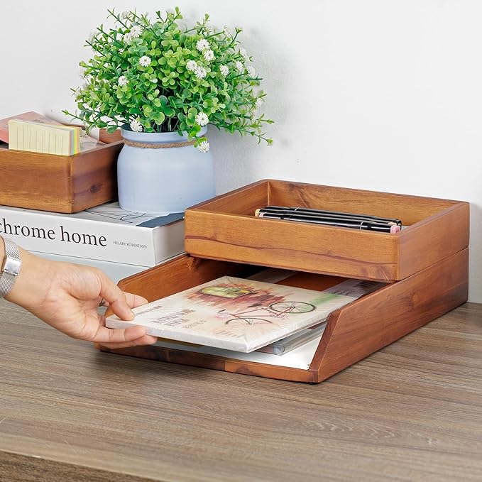 Demigo Desk Organizer Letter Tray Set of 2, Acacia Wood Tabletop Desktop - Image 8