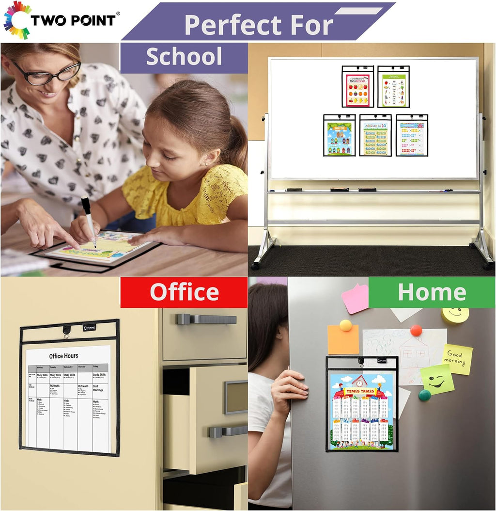 Magnetic Dry Erase Pockets by Two Point (30-Pack) - Portrait - Black Dry Erase Pocket Sleeves, Job Shop Ticket Holders, Clear Paper Sleeves Protector, Magnetic Pouch
