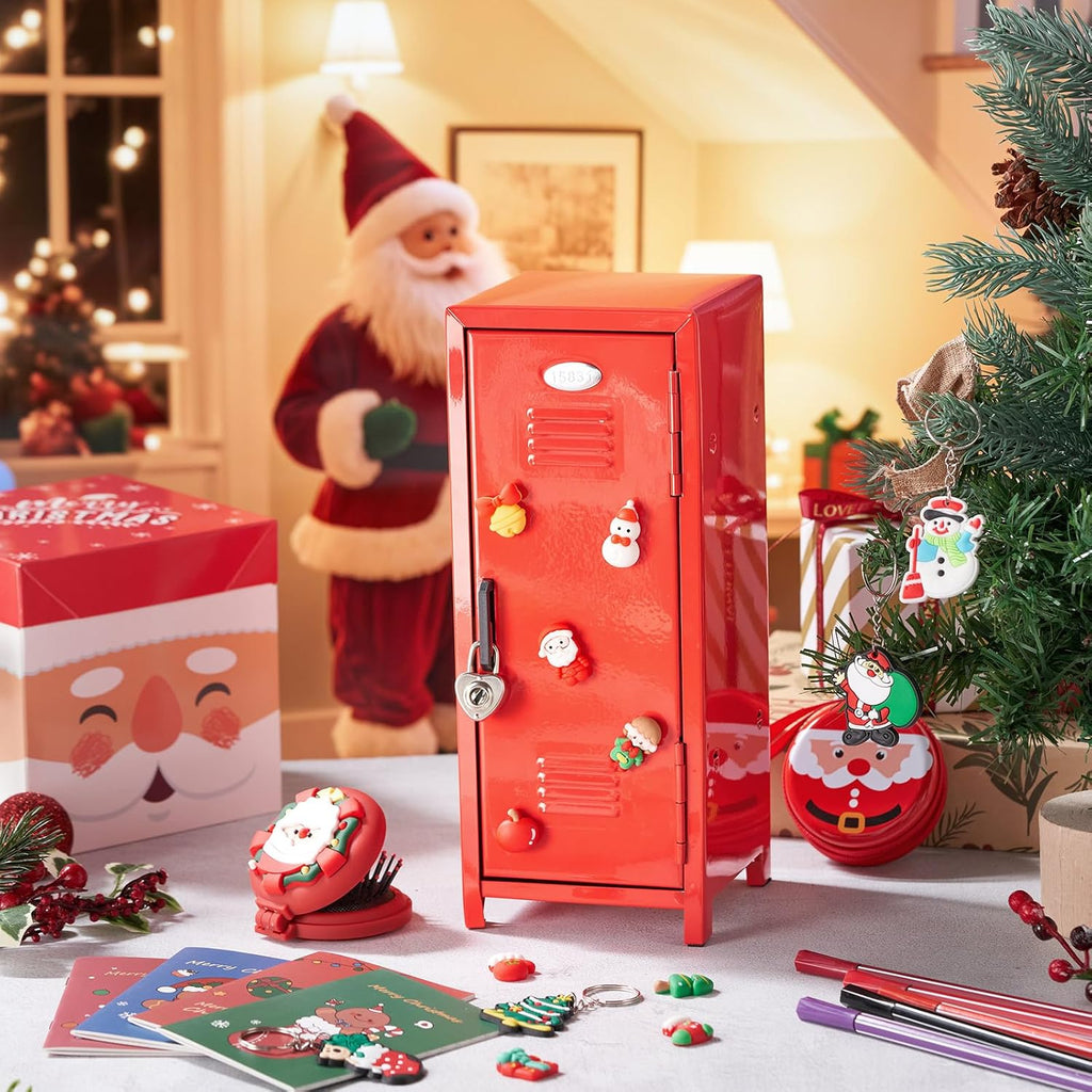 Vercraft 12 Pcs Mini Locker 10.8 Inch with Lock and Keys,Red,Santa | Desktop Organizer for Girls Bedroom, Secure Storage for Trinkets, Includes Animal Keychains Mirror Comb, Littles Collectible