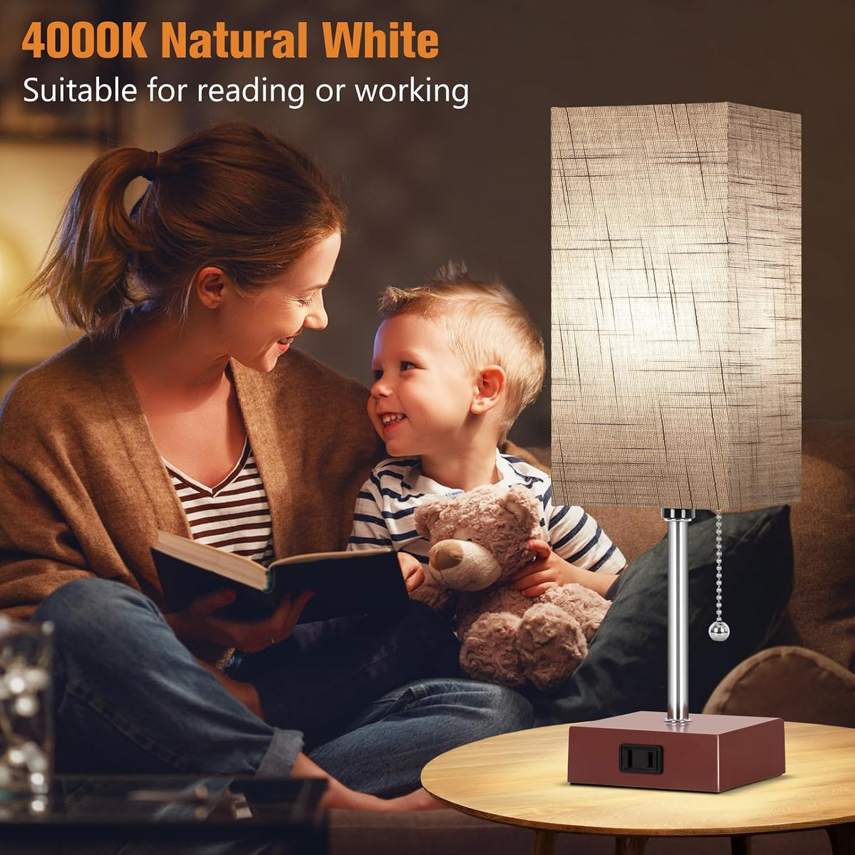 PLMMY Bedside Table Lamp for Bedroom Nightstand, 3 Color Pull Chain Nightstan...