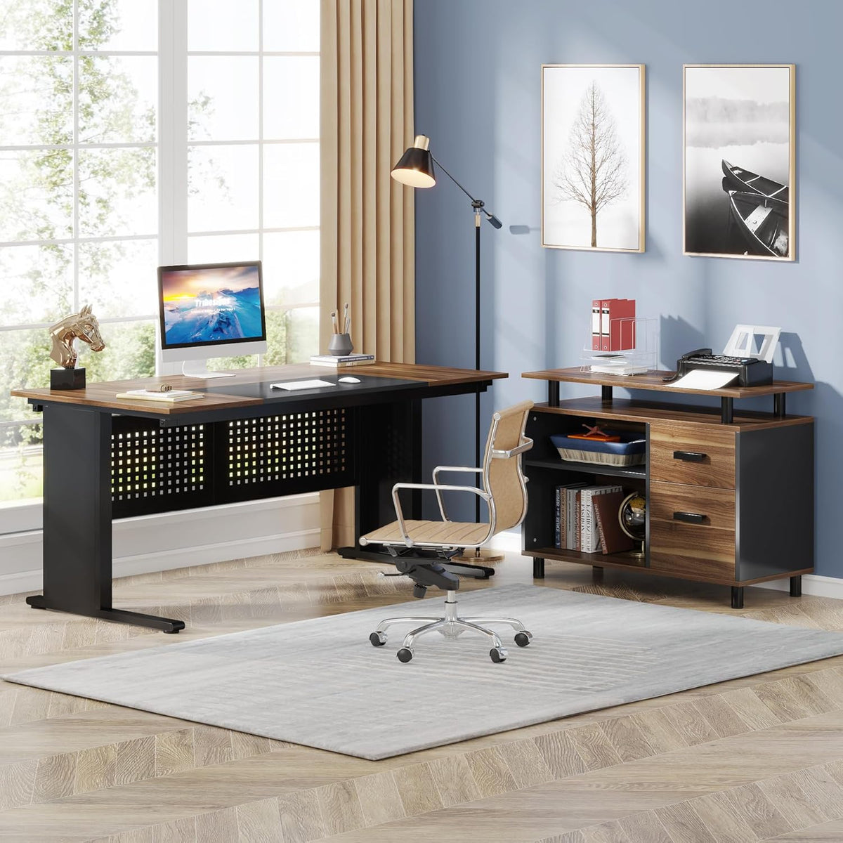 Tribesigns 63 Inch Executive Desk with File Cabinet, L Shaped Office Desk