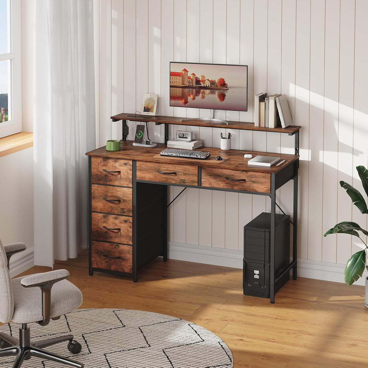 Somdot Computer Desk with Power Outlet and LED Lights, Desk with 6 Drawers