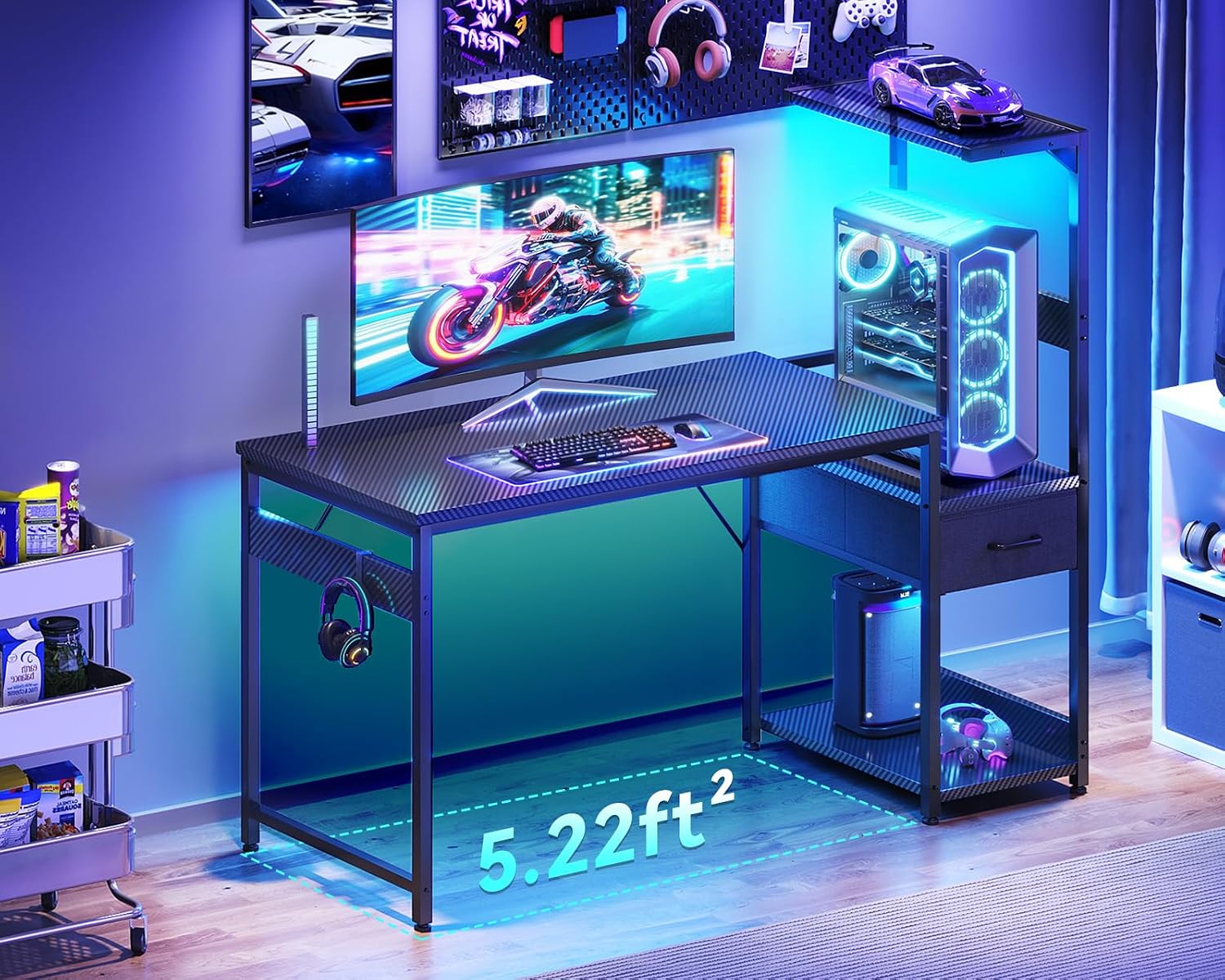 Casaottima 48'' Gaming Desk with LED Lights & CPU Stand, Reversible Computer Desk with Storage Shelves & Fabric Drawer, Modern PC Gamer Table with Headphone Hook, Carbon Fiber Black