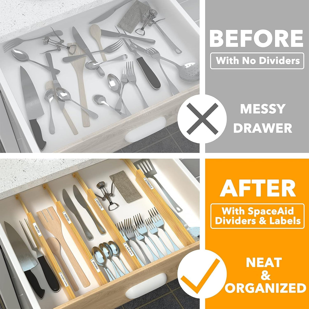 SpaceAid Bamboo Drawer Dividers (Need 2.35" Deep Drawer) Kitchen Adjusta...