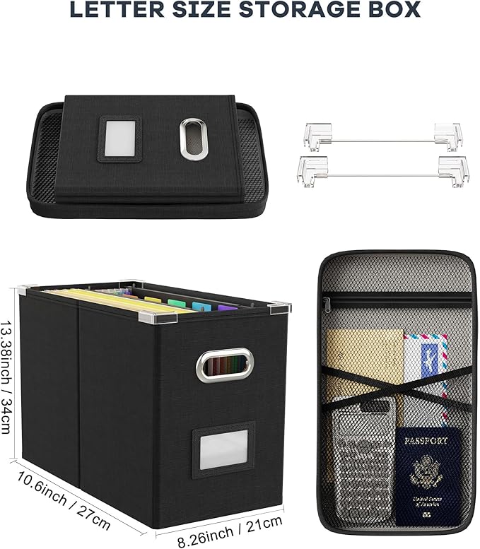 Oterri File Organizer Box with Lid, Hanging Filing File Box with Mesh Pocket - Image 2