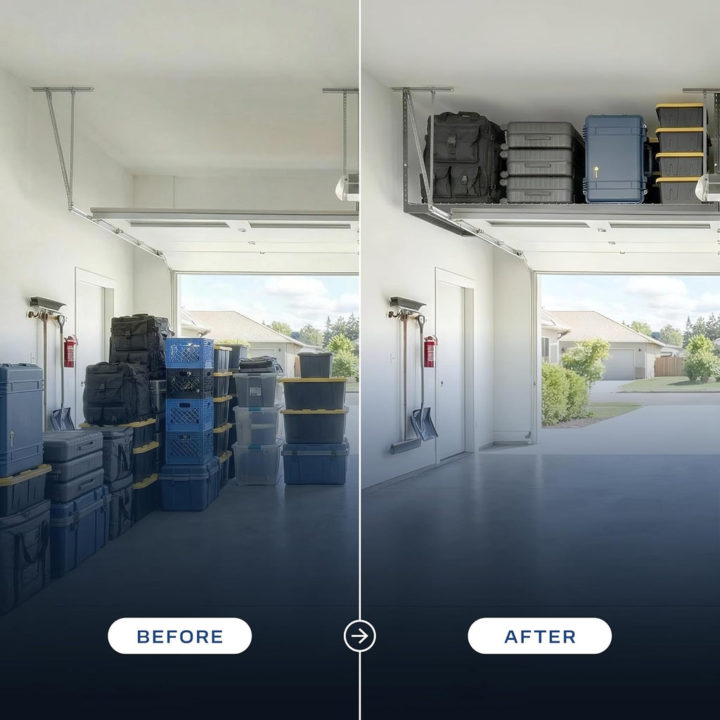 monsterrax 2-pack 4x8 overhead garage storage rack, gray showing dimensions