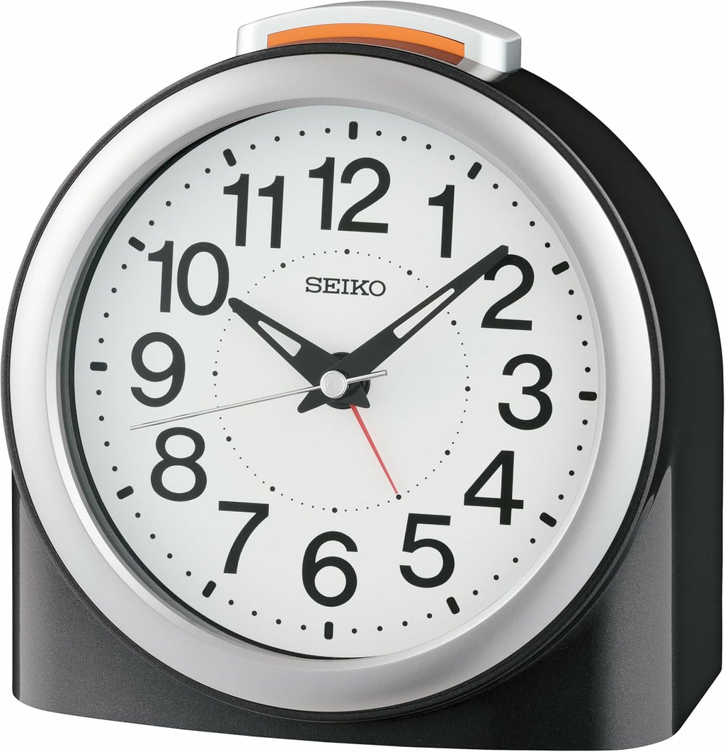 seiko qhe211klh non ticking bedroom alarm clock, black shown in use