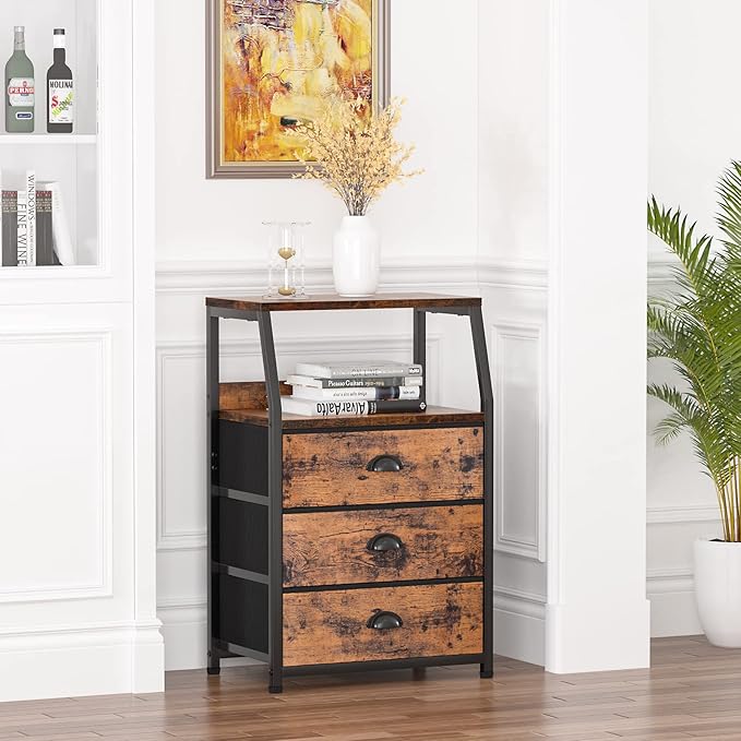 Furnulem Nightstand with 3 Drawers and 2-Tier Shelf, Fabric Small Dresser - Image 8