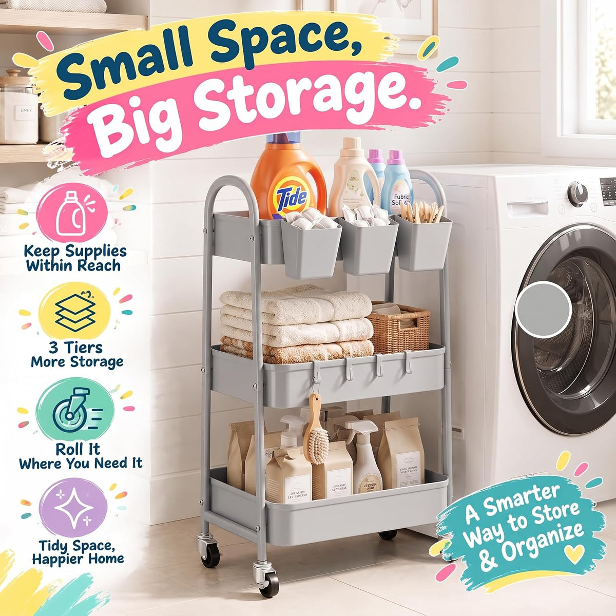 3 Tier Gray Metal Rolling Cart, Three Tiered Storage Dorm Carts with Wheels