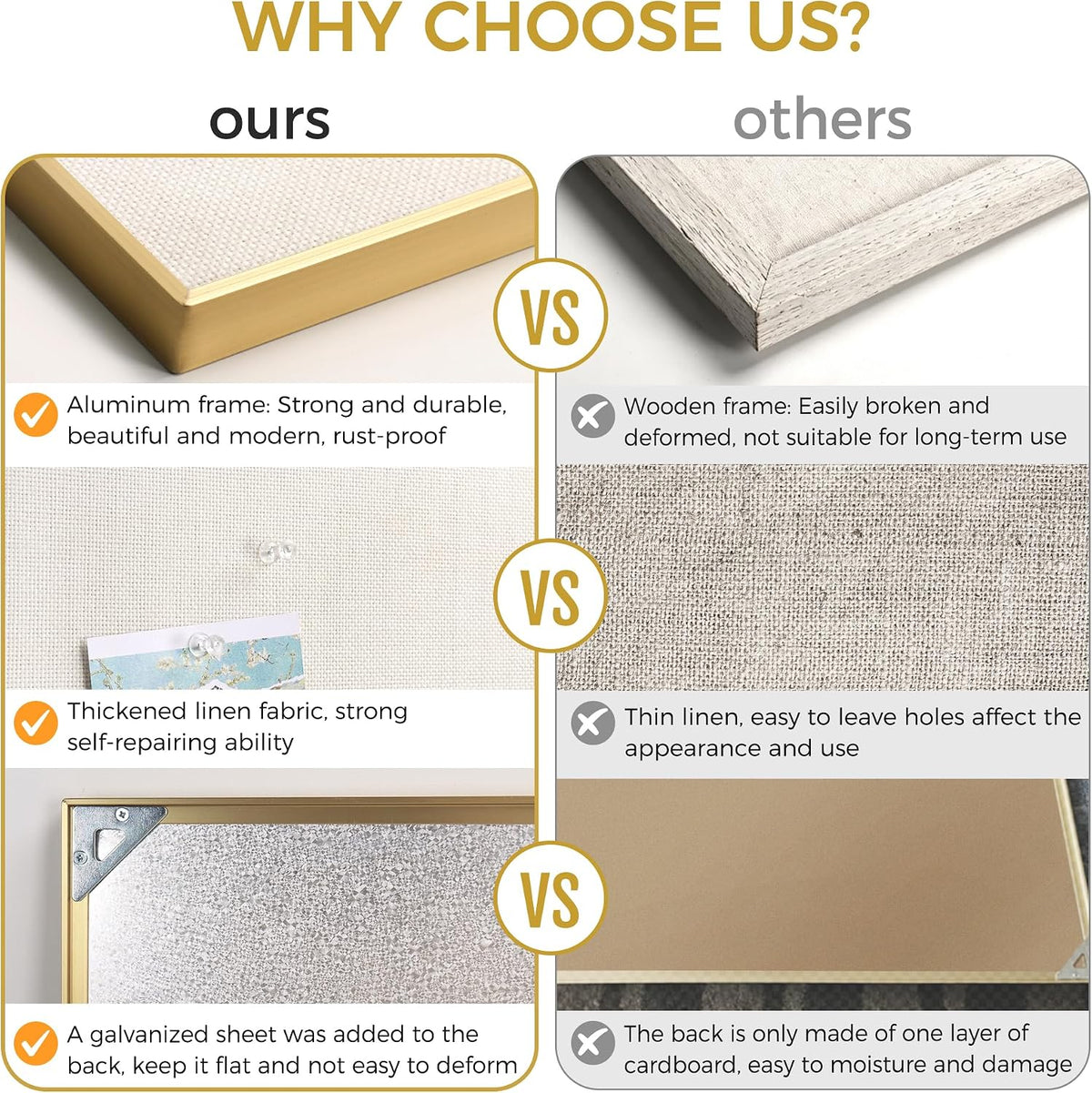 SELEAD Linen Bulletin Board 30” x 20” - Golden Aluminum Frame, Beige Fabric