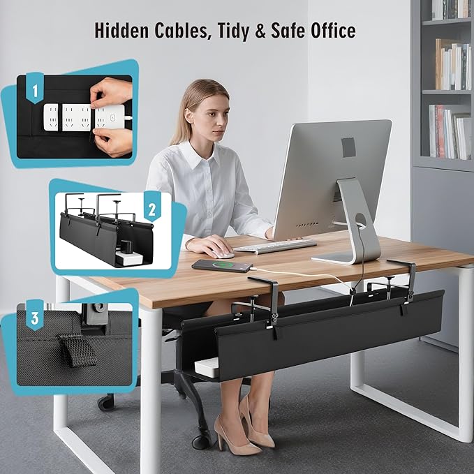 Desk Cable Management Tray, Fabric Cable Organizer, No Drill Large Clamp/Screw - Image 6