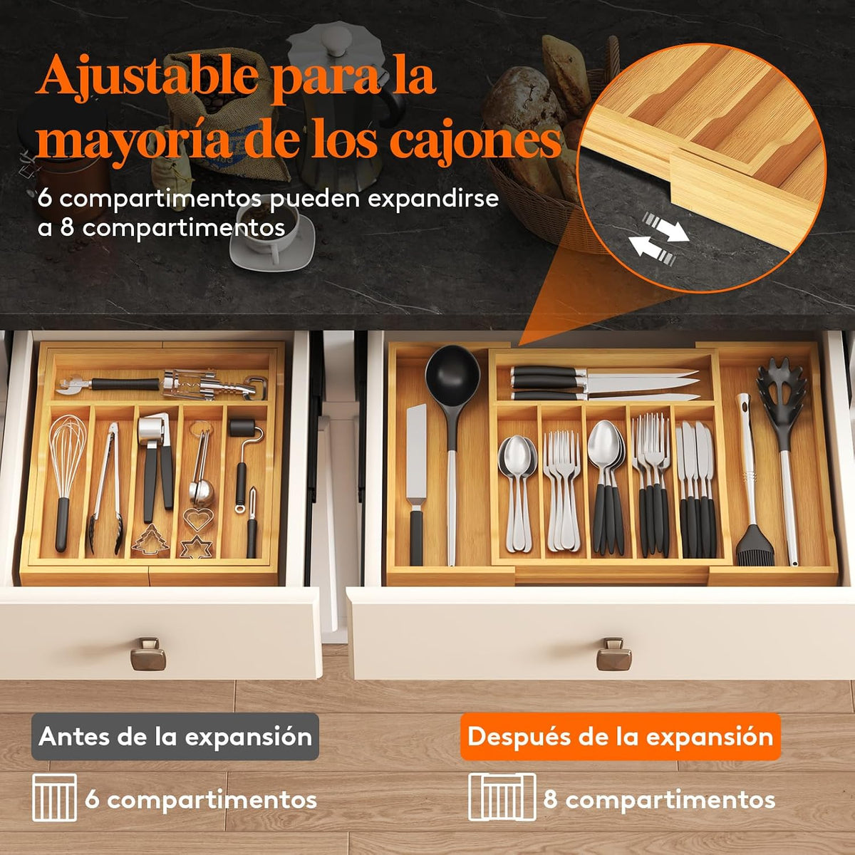Lifewit Silverware Drawer Organizer, Wooden Utensil Tray for Kitchen
