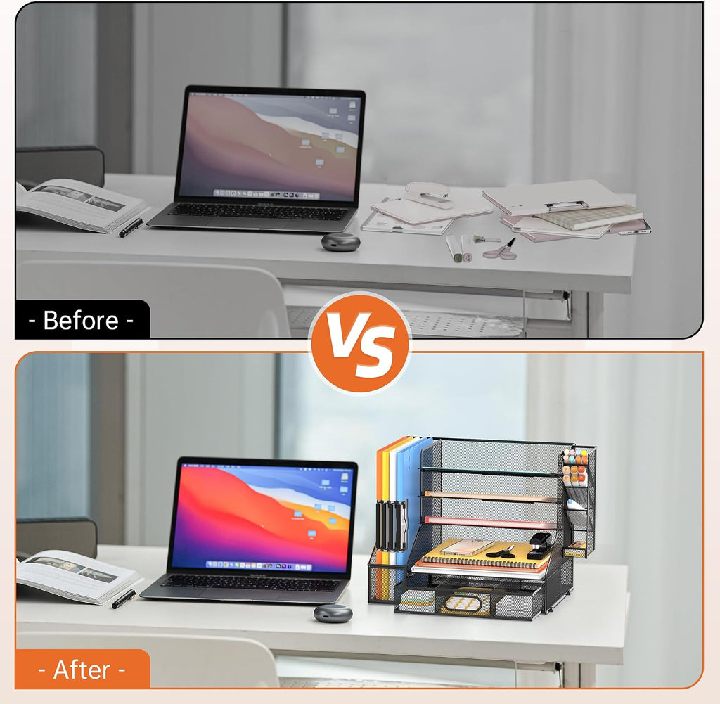 5-tier desk organizer with file holder & pen on a desk or shelf